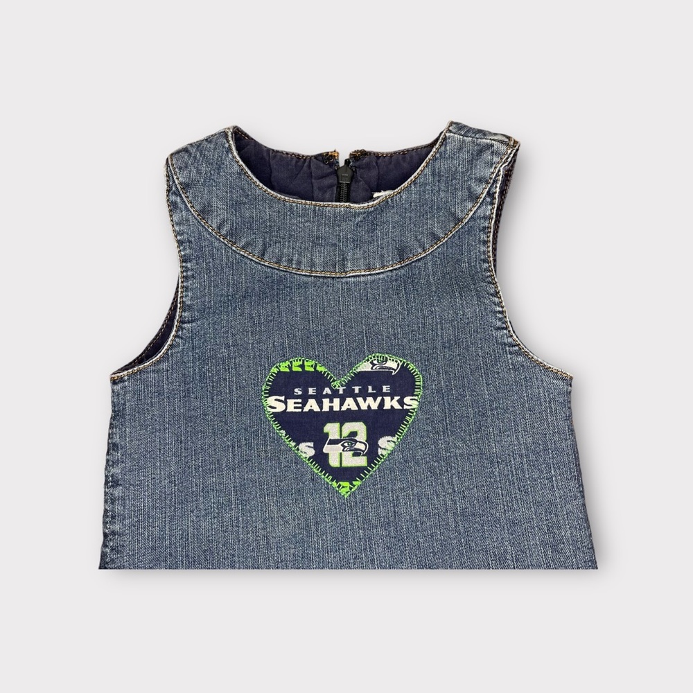 Jacadi Custom Made NFL Seahawks Patch Denim Sleeveless Pleated Dress - Picture 2 of 4